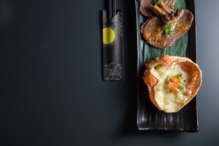 Japanese food, Crab egg with miso paste on king crab shell