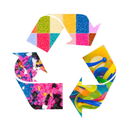 Plastic recycle sign with images of plasticの写真素材