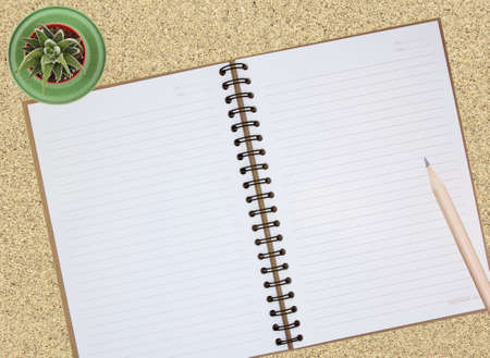 Opened note book on cork board background, with pencil and a baby plant in the pot の写真素材