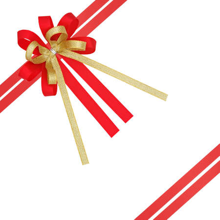 Red and gold satin gift ribbon , with double cross lines, isolated on whiteの写真素材
