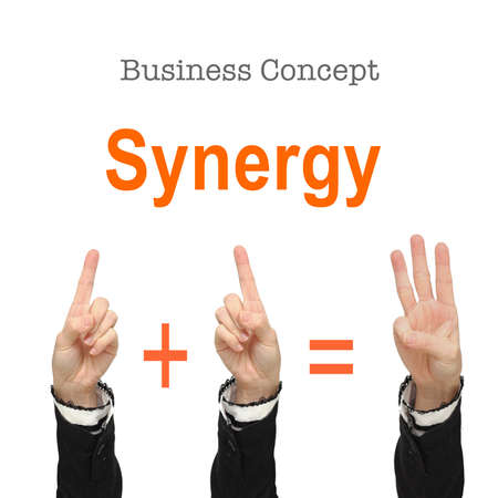 Business woman hand show synergy conceptの写真素材