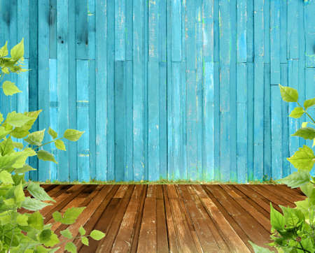 Vintage wood paneled wall and wood floor in the gardenの写真素材