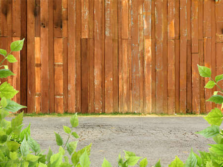 Wood fence with concrete street and leavesの写真素材