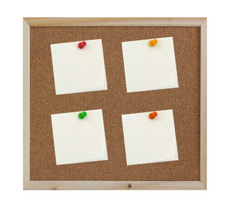 4 Post-it notes with pin on corkboard backgroundの写真素材