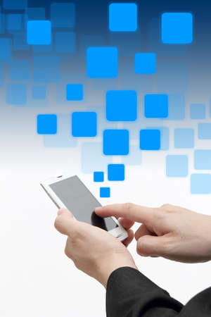 Hand holding mobile phone with buttons graphic for textの写真素材