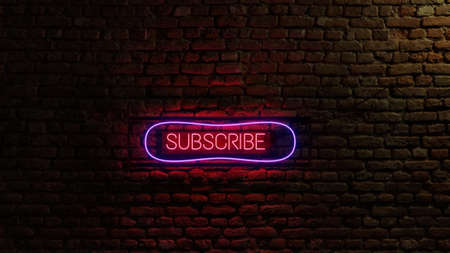 Neon subscribe glowing sign with brick wall in background. brick background with its texture creating good results.の写真素材
