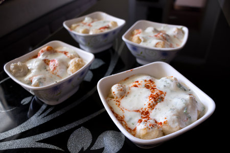 Dahi vada is a type of chaat originating from the Indian subcontinent and popular throughout South Asia.の写真素材