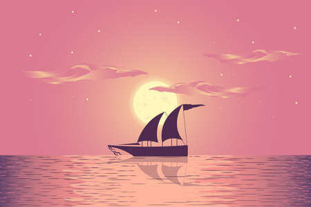 Moon light and Boat in the sea Drawing Background.のイラスト素材
