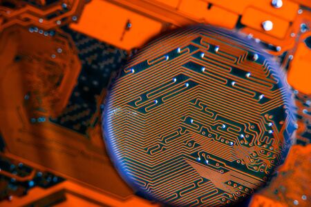 Circuit board of computer motherboard, concept background Computer technology with blue and red...