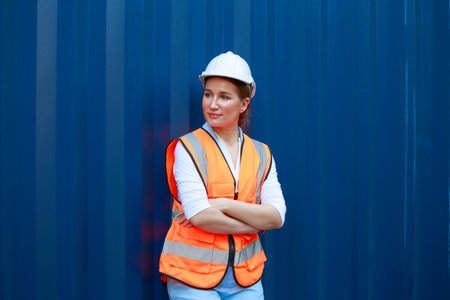 Portrait of a smiling female container employee or foreman wearing a hard hat. White Blurred Box...