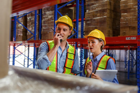 Caucasian male and female engineers team standing on the shelf stored in the warehouse Use a tablet and clipboard to check stock in the warehouse. Concept of the import, export, and logistics industryの写真素材