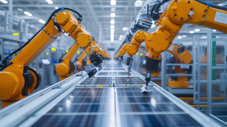Advanced high precision robot arm On the solar panel assembly line Fully automatic, controlled by computer. Inside a modern electronics factoryの素材