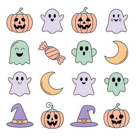 Cute Halloween Vector Icon Pack with Pumpkins and Ghosts Kawaii Styleの素材