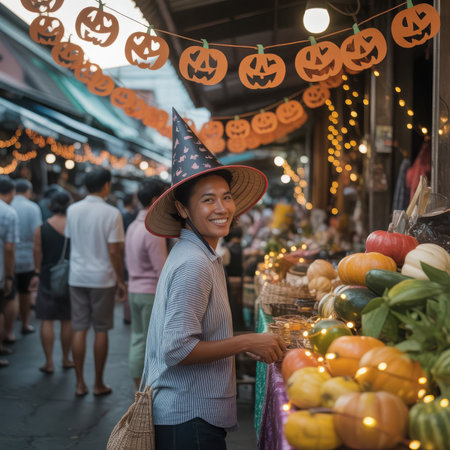 Colorful Halloween Celebration at Outdoor Marketの素材