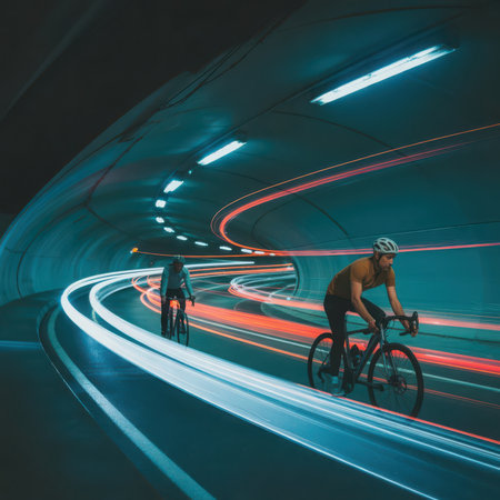 Long Exposure Shot of Cyclists in Modern Tunnelの素材
