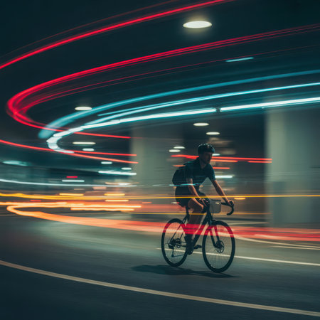 Cyclist Riding Through City Tunnel with Dynamic Light Trailsの素材