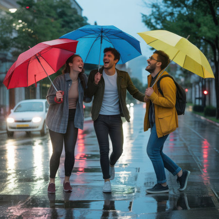 Laughing Friends Walking with Colorful Umbrellas on a Rainy City Streetの素材