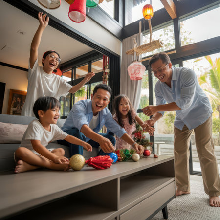 Warm Family Moment During Christmas Home Decorationの素材