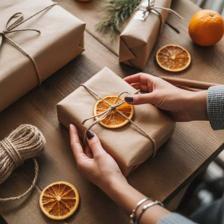 Warm Rustic Gift Wrapping Arrangement on Wooden Tableの素材