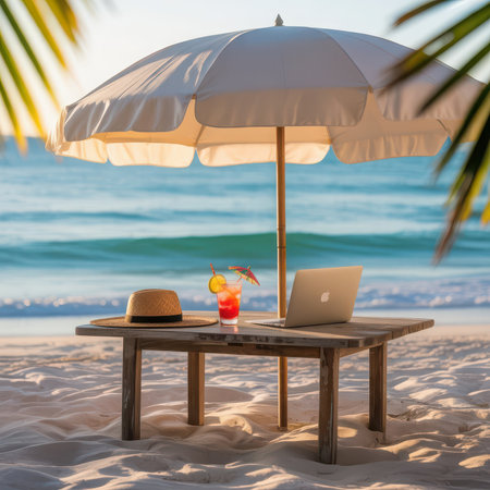 Tropical Beach Office Setup with Laptop, Sun Hat, and Refreshing Drink at Sunsetの素材