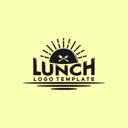Lettering Lunch With Sun Fork Spoon Icon For Restaurant Logo Templateのイラスト素材