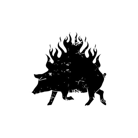 Grunge Pork Pig Boar Fire Flame Silhouette For BBQ Barbecue Logo design inspirationのイラスト素材