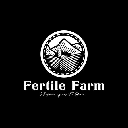 fertile farmland circle logo with mountains and barns design inspirationのイラスト素材