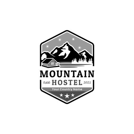 Mountains And Houses Hexagon Logo For Hotel, Rent House, Or Villa In The Countryside Design Inspirationのイラスト素材