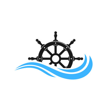 River Creek Water Mill, Vintage Ship Steering Wheel And Ocean Waves Logo Design Inspirationのイラスト素材