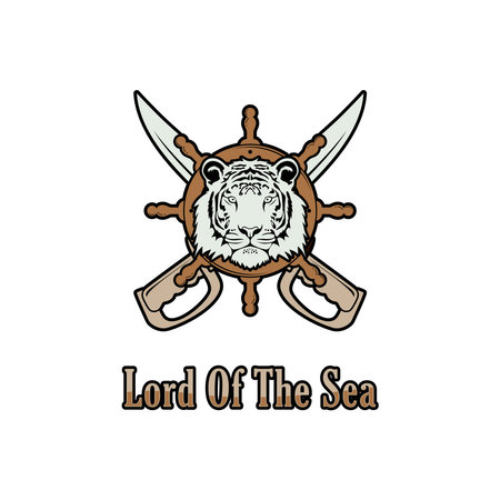 Pirate Logo With Tiger Head, Steering Wheel And Crossed Sword Vintage Logo Design Inspirationのイラスト素材