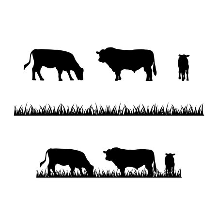 Angus Cow, Cow and Grass farm silhouette farm logo designのイラスト素材
