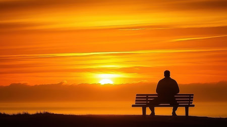 man is seated on a bench in a meadow, with a sunset illuminating the backgroundの素材
