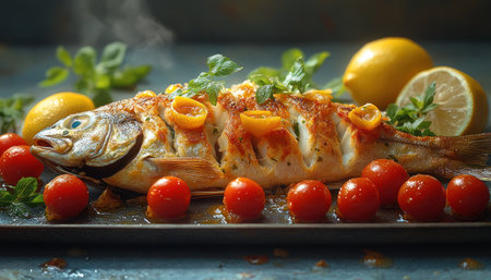 Steamed Whole Fish with Tomatoes and Lemonの素材