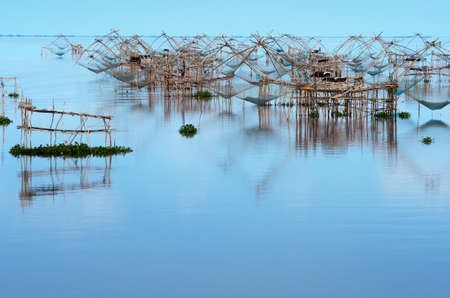 Water scape scene with square dip net in Patthalung,Thailandの写真素材