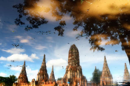 Reflection of pagodas at Ayutayaの写真素材
