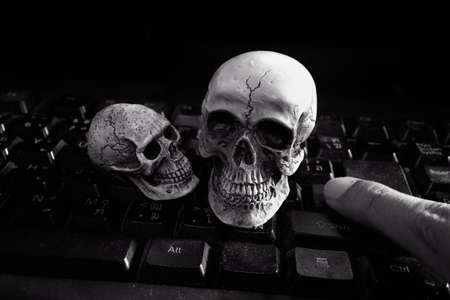 Skull human model on keyboardの写真素材