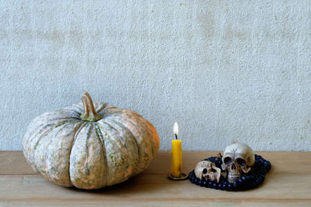 Skull with pumpkin Halloween conceptの写真素材