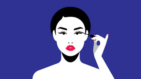 Beautiful woman paints eyelashes. Abstract young beautiful girl and makeup. Mascara. Bright flat vector illustration. Beauty and personal care concept.のイラスト素材