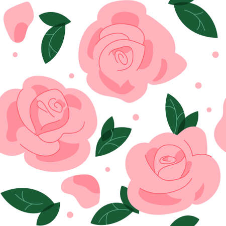 Pink roses with leaves in vintage style. Hand drawn flowers for decoration, postcard, design, cover, wrapping. Vector illustration in retro styleのイラスト素材