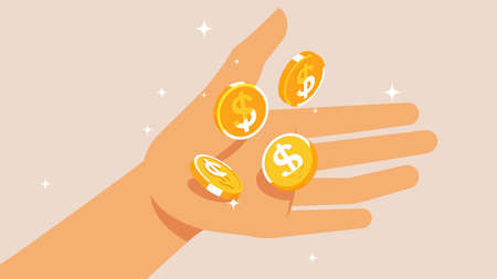 Gold coins in hand. Falling coins with the dollar sign. Open hand. The concept of profit, easy money, dividends, payouts, winnings. Vector illustration.のイラスト素材
