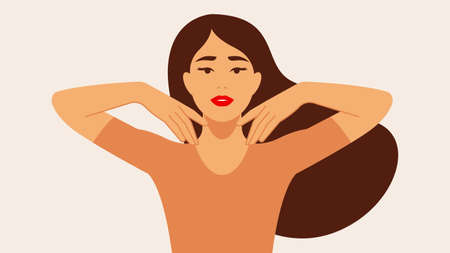 Cute young woman standing in front and touching her face. Concept of skincare, daily routine, facelifting massage, procedure. Flat modern cartoon illustration.のイラスト素材