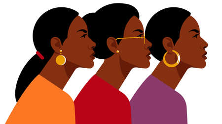 Black women. Group of beautiful women with different hairstyle and clothes. Side view. Modern vector illustration.のイラスト素材