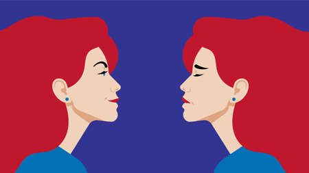 Bipolar disorder. Portrait of woman in profile in depression and in a good mood. Two female faces from the side. Vector illustration in flat styleのイラスト素材