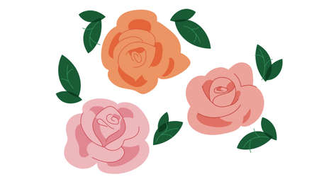 Pink roses with leaves in vintage style. Hand drawn flowers for decoration, postcard, design, cover, wrapping. Vector illustration in retro styleのイラスト素材