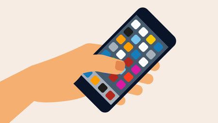 Smartphone in hand. Human hand is holding device with active screen - the screen is filled with abstract application icons. Vector illustration of phone in modern style.のイラスト素材
