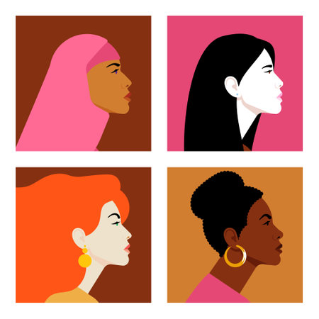 Faces of women in profile. Women different nationalities and cultures. Diversity. Avatars. Vector...