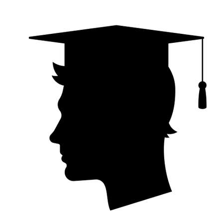 Graduate student - silhouette of man in graduation cap. The concept of graduating from university, school or educational institution. Male head, silhouette, face shape. Black vector illustration.のイラスト素材