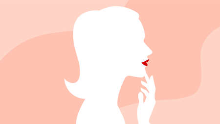 Thought process - silhouette of girl who is thinking and thinking. Female profile on delicate pink background.のイラスト素材