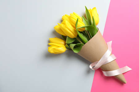 Beautiful tulips for Mother's Day on light background, top viewの写真素材