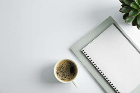 Copybooks, cup of coffee and succulent plant on white background, space for text